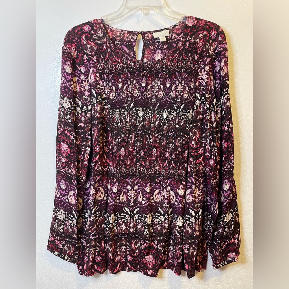 J. Jill Smocked Ikat Round Neck Tunic Blouse Top Size LP